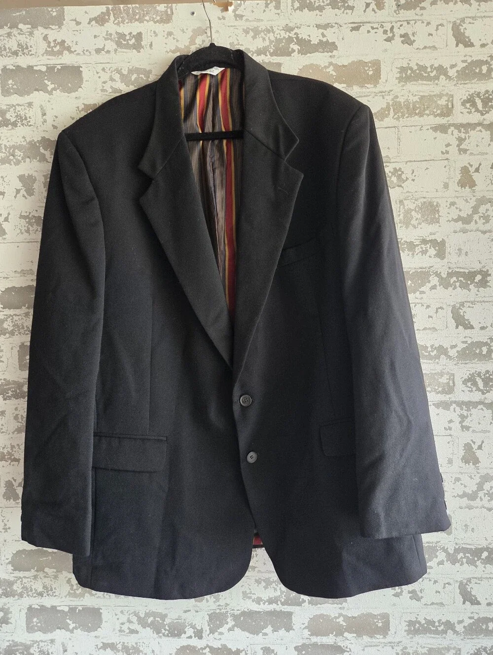 Hunting Horn J. Riggins Mens Black Wool Blazer Sport Coat 48L Striped Lining